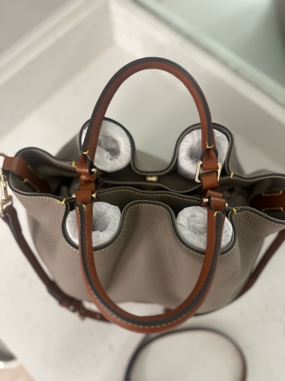 Dooney & Bourke Taupe Pebbled Leather Satchel with Chestnut Trim - Picture 3 of 5